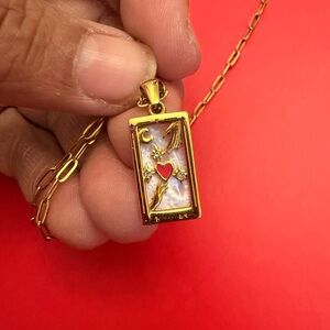 Gold-Tone Rectangular Pendant Necklace with Red Heart and Mother-of-Pearl Inlay